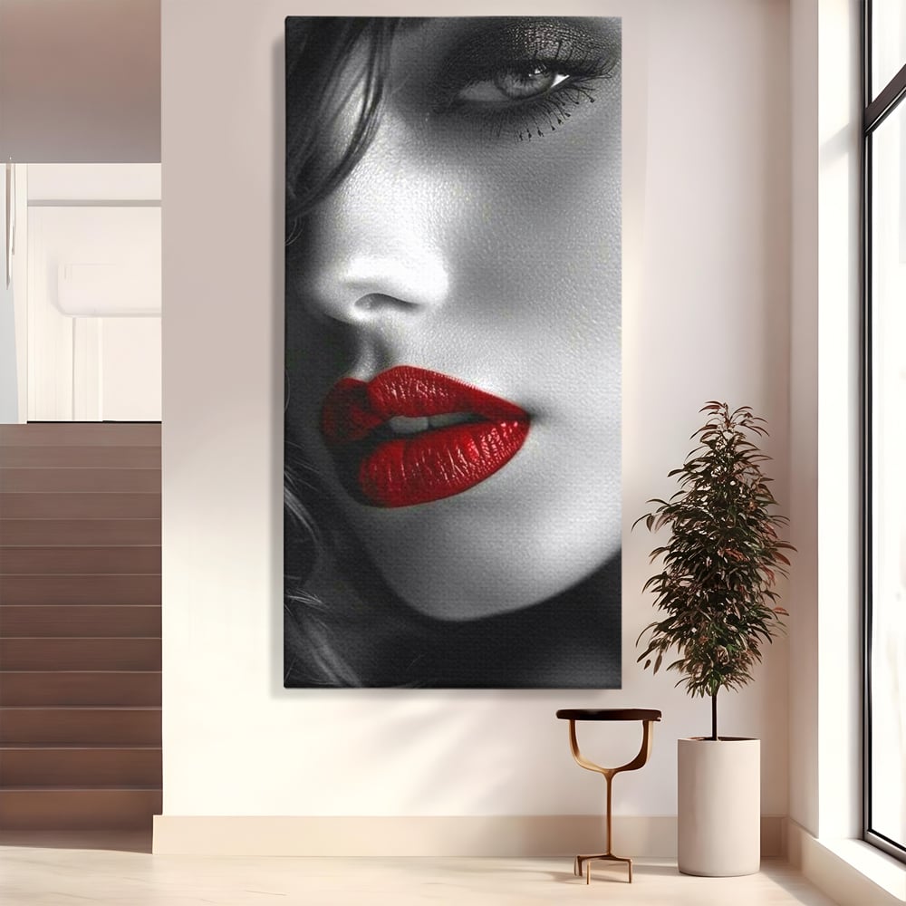 Tablou Canvas Premium, LuxCanva® P1020, Farmec Interzis, Femeie, Ruj, Rosu, Senzual, Buze, Sexy, Privire, Frumusete, Alb, Negru, Dormitor, Living