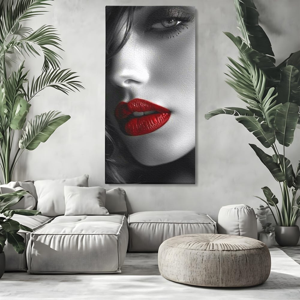 Tablou Canvas Premium, LuxCanva® P1020, Farmec Interzis, Femeie, Ruj, Rosu, Senzual, Buze, Sexy, Privire, Frumusete, Alb, Negru, Dormitor, Living