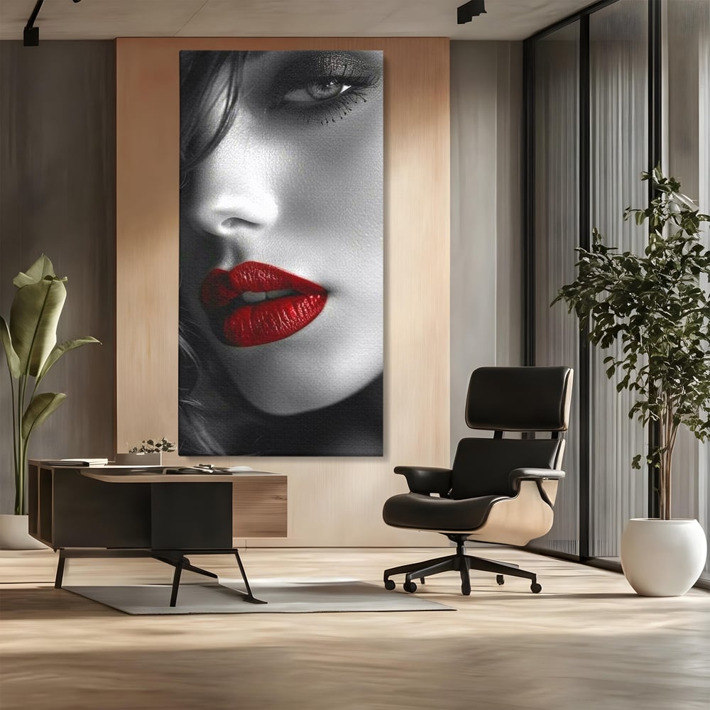 Tablou Canvas Premium, LuxCanva® P1020, Farmec Interzis, Femeie, Ruj, Rosu, Senzual, Buze, Sexy, Privire, Frumusete, Alb, Negru, Dormitor, Living