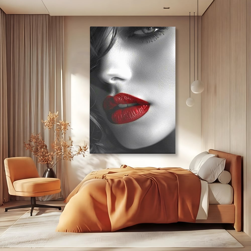 Tablou Canvas Premium, LuxCanva® P1020, Farmec Interzis, Femeie, Ruj, Rosu, Senzual, Buze, Sexy, Privire, Frumusete, Alb, Negru, Dormitor, Living