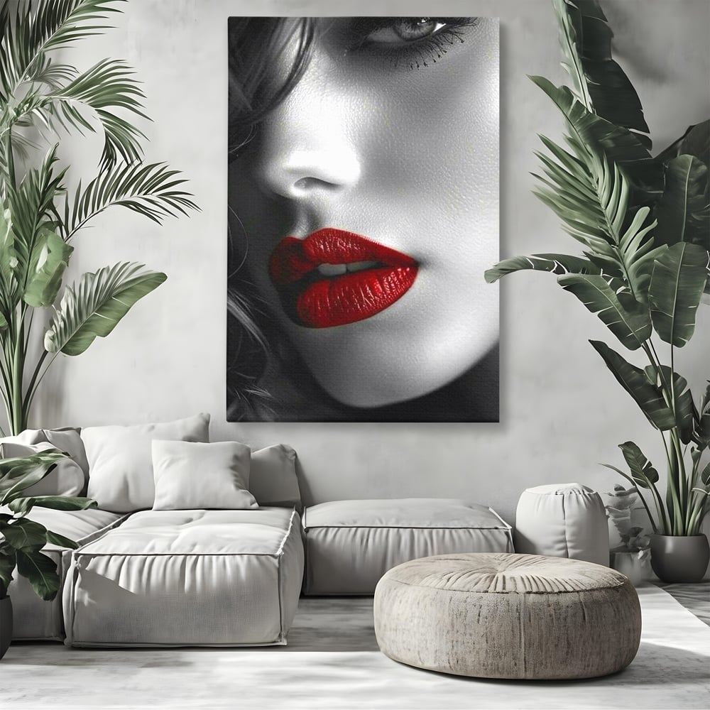 Tablou Canvas Premium, LuxCanva® P1020, Farmec Interzis, Femeie, Ruj, Rosu, Senzual, Buze, Sexy, Privire, Frumusete, Alb, Negru, Dormitor, Living