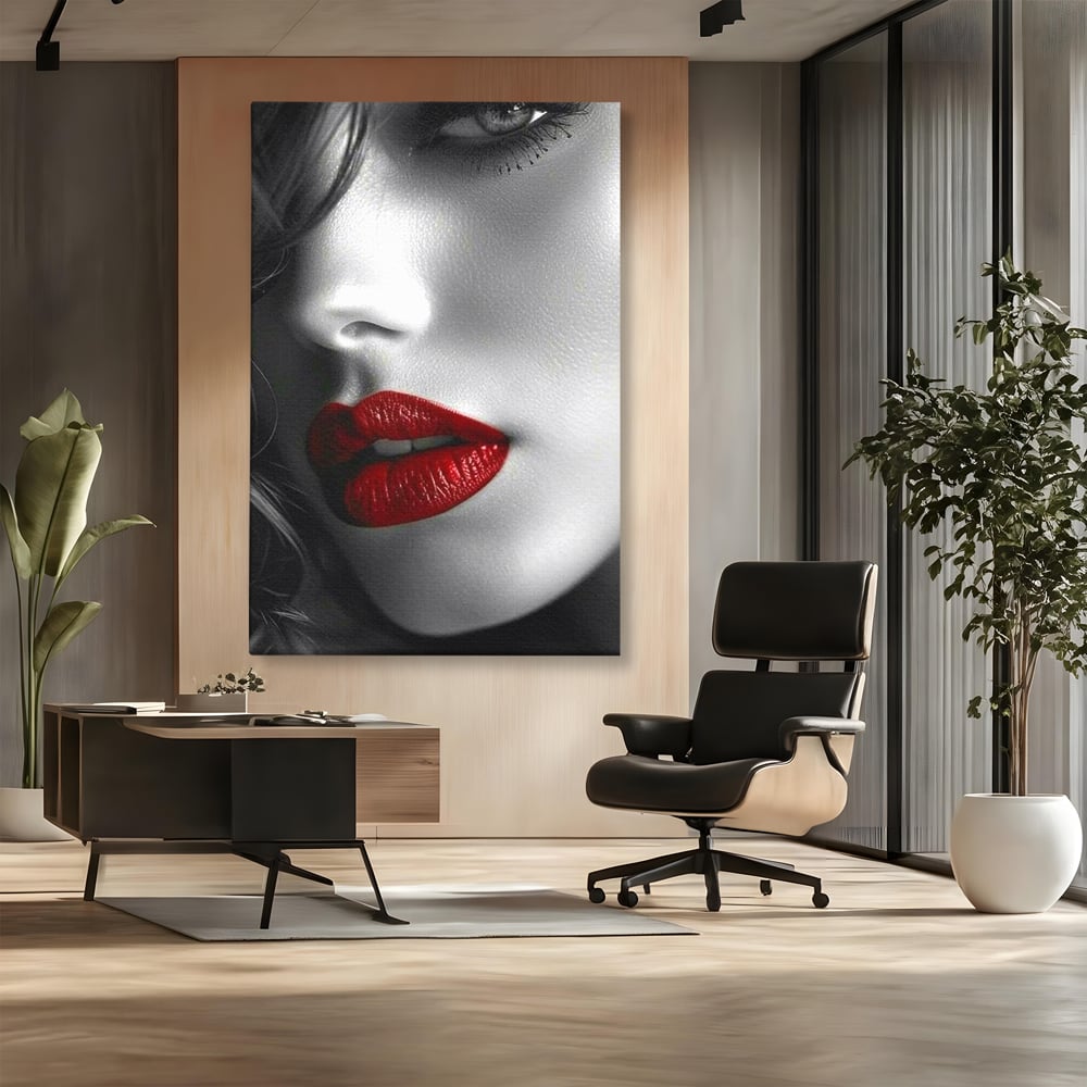 Tablou Canvas Premium, LuxCanva® P1020, Farmec Interzis, Femeie, Ruj, Rosu, Senzual, Buze, Sexy, Privire, Frumusete, Alb, Negru, Dormitor, Living