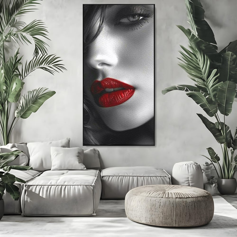 Tablou Canvas Premium, LuxCanva® P1020, Farmec Interzis, Femeie, Ruj, Rosu, Senzual, Buze, Sexy, Privire, Frumusete, Alb, Negru, Dormitor, Living