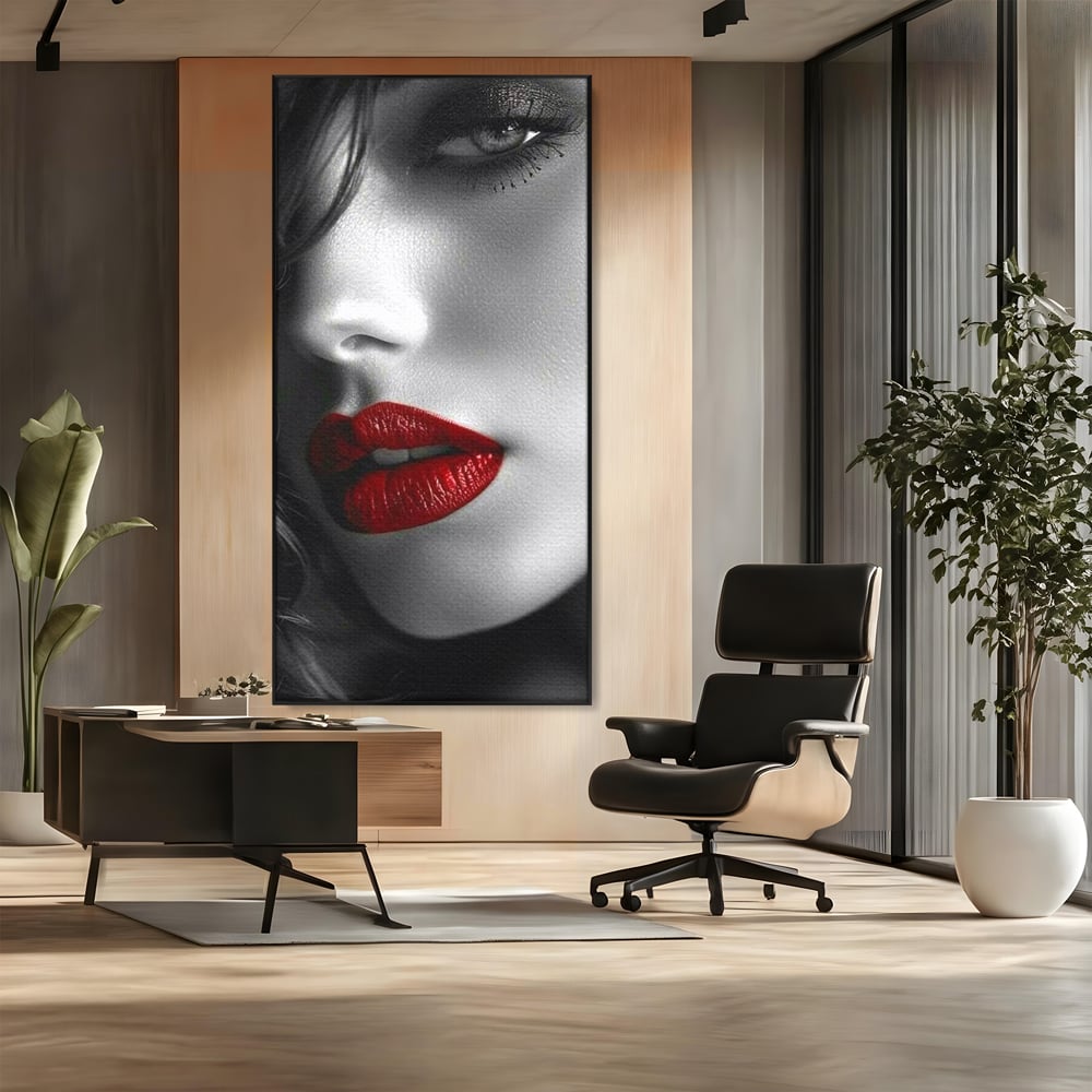 Tablou Canvas Premium, LuxCanva® P1020, Farmec Interzis, Femeie, Ruj, Rosu, Senzual, Buze, Sexy, Privire, Frumusete, Alb, Negru, Dormitor, Living
