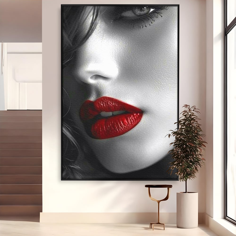 Tablou Canvas Premium, LuxCanva® P1020, Farmec Interzis, Femeie, Ruj, Rosu, Senzual, Buze, Sexy, Privire, Frumusete, Alb, Negru, Dormitor, Living