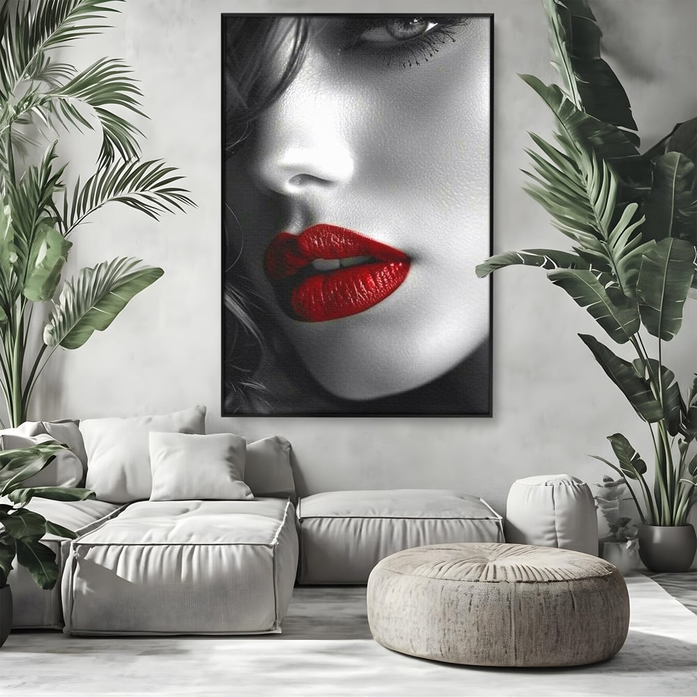 Tablou Canvas Premium, LuxCanva® P1020, Farmec Interzis, Femeie, Ruj, Rosu, Senzual, Buze, Sexy, Privire, Frumusete, Alb, Negru, Dormitor, Living