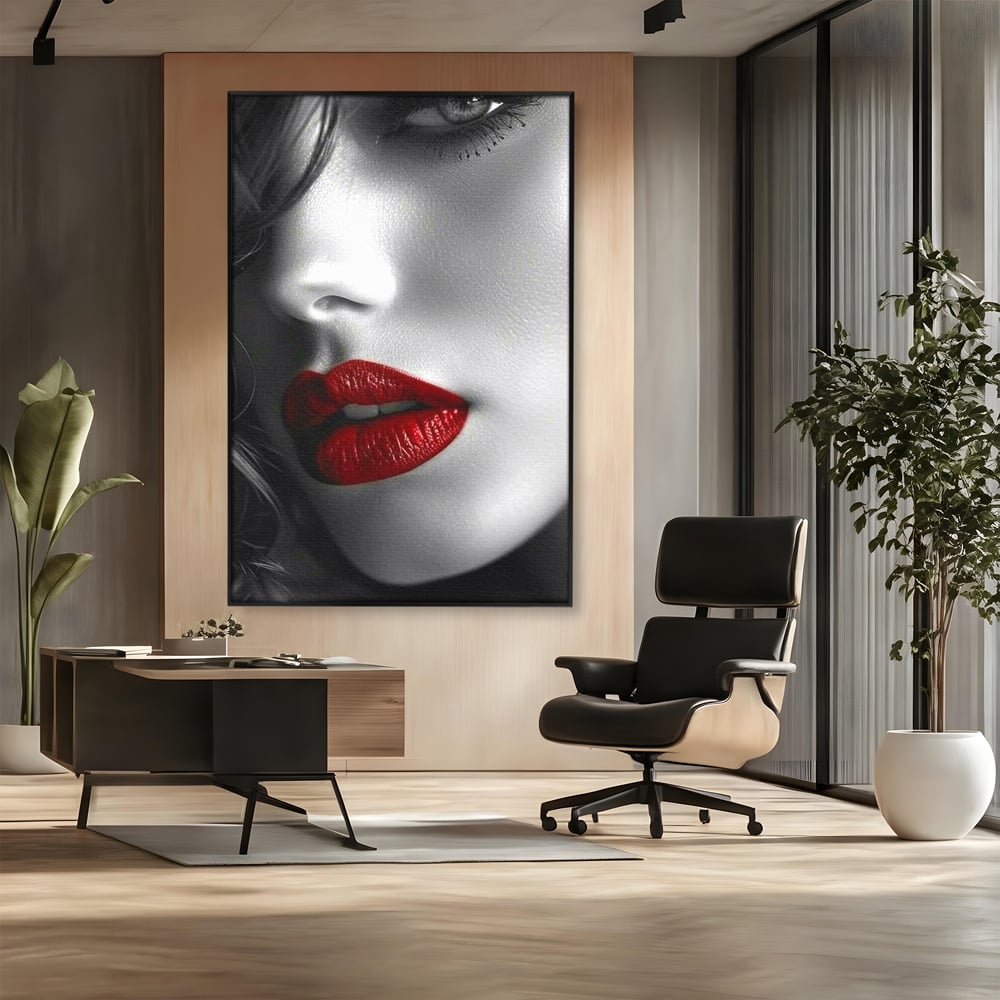 Tablou Canvas Premium, LuxCanva® P1020, Farmec Interzis, Femeie, Ruj, Rosu, Senzual, Buze, Sexy, Privire, Frumusete, Alb, Negru, Dormitor, Living