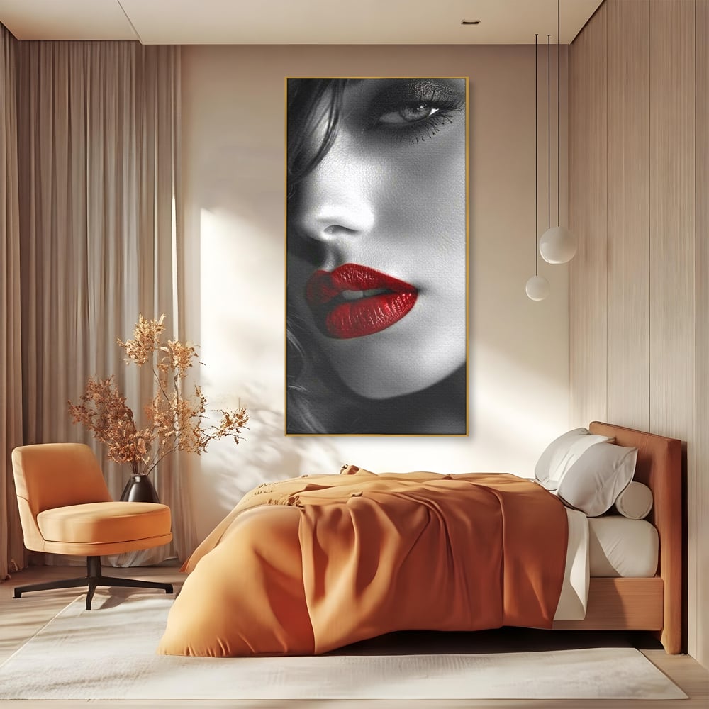 Tablou Canvas Premium, LuxCanva® P1020, Farmec Interzis, Femeie, Ruj, Rosu, Senzual, Buze, Sexy, Privire, Frumusete, Alb, Negru, Dormitor, Living