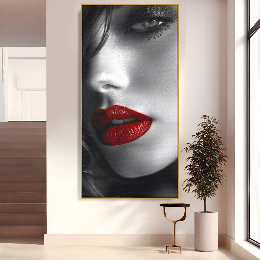 Tablou Canvas Premium, LuxCanva® P1020, Farmec Interzis, Femeie, Ruj, Rosu, Senzual, Buze, Sexy, Privire, Frumusete, Alb, Negru, Dormitor, Living