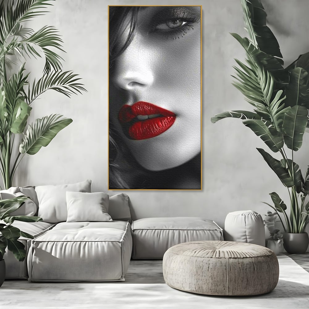 Tablou Canvas Premium, LuxCanva® P1020, Farmec Interzis, Femeie, Ruj, Rosu, Senzual, Buze, Sexy, Privire, Frumusete, Alb, Negru, Dormitor, Living
