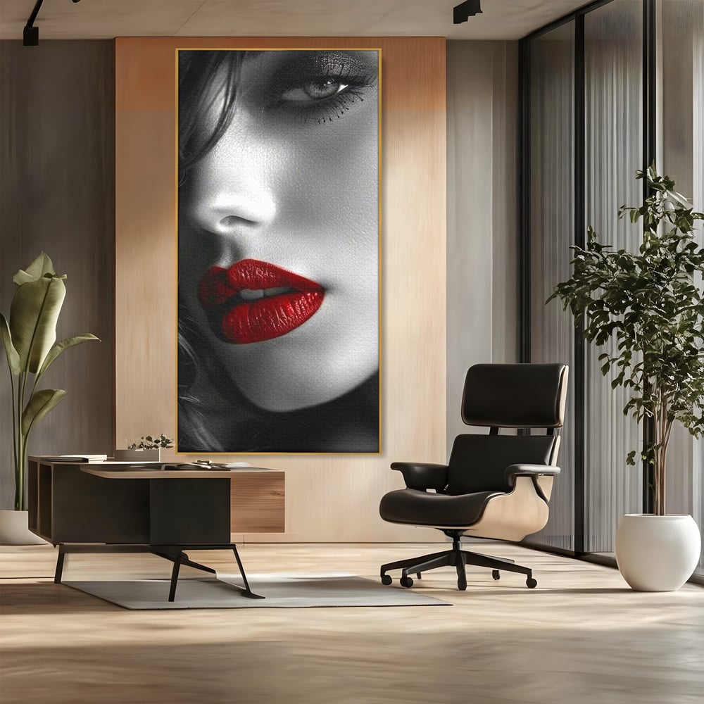 Tablou Canvas Premium, LuxCanva® P1020, Farmec Interzis, Femeie, Ruj, Rosu, Senzual, Buze, Sexy, Privire, Frumusete, Alb, Negru, Dormitor, Living