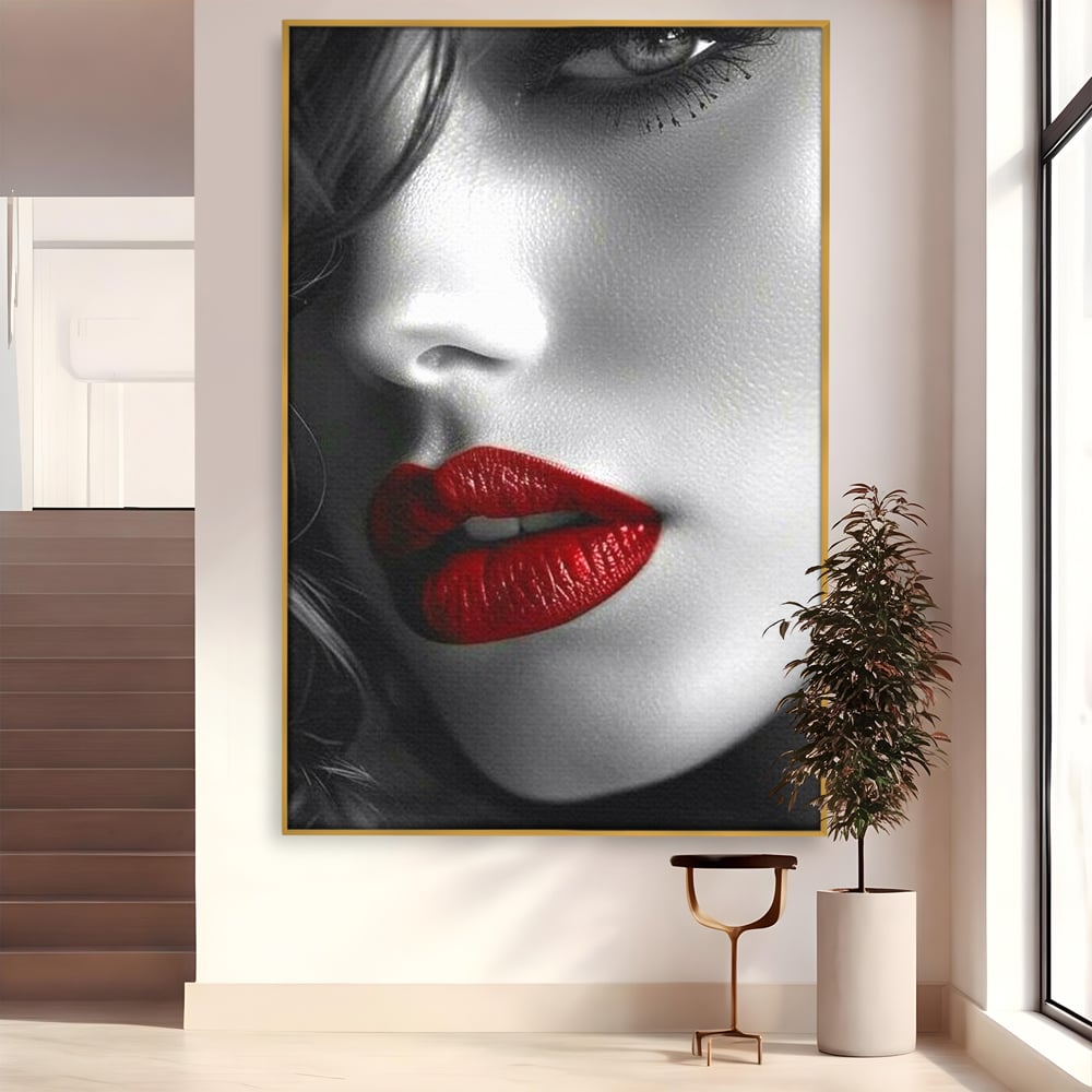 Tablou Canvas Premium, LuxCanva® P1020, Farmec Interzis, Femeie, Ruj, Rosu, Senzual, Buze, Sexy, Privire, Frumusete, Alb, Negru, Dormitor, Living