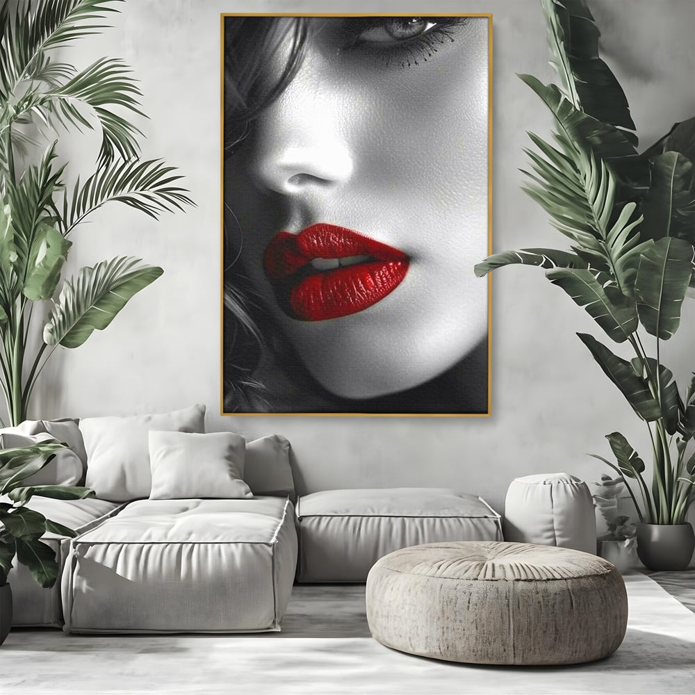 Tablou Canvas Premium, LuxCanva® P1020, Farmec Interzis, Femeie, Ruj, Rosu, Senzual, Buze, Sexy, Privire, Frumusete, Alb, Negru, Dormitor, Living
