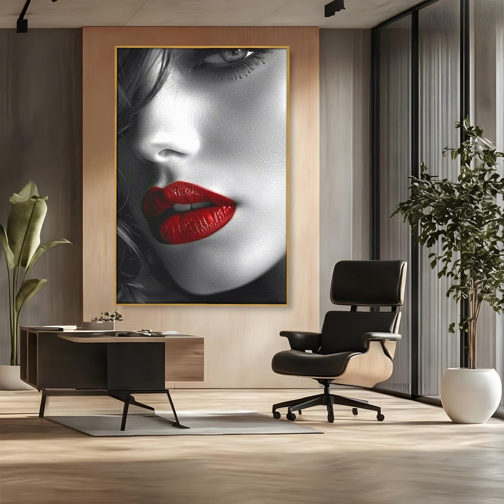 Tablou Canvas Premium, LuxCanva® P1020, Farmec Interzis, Femeie, Ruj, Rosu, Senzual, Buze, Sexy, Privire, Frumusete, Alb, Negru, Dormitor, Living