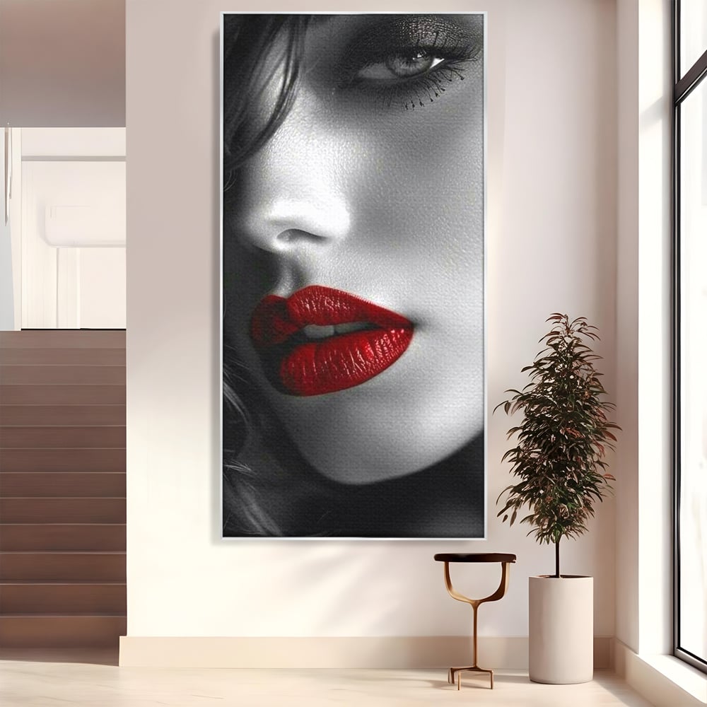 Tablou Canvas Premium, LuxCanva® P1020, Farmec Interzis, Femeie, Ruj, Rosu, Senzual, Buze, Sexy, Privire, Frumusete, Alb, Negru, Dormitor, Living