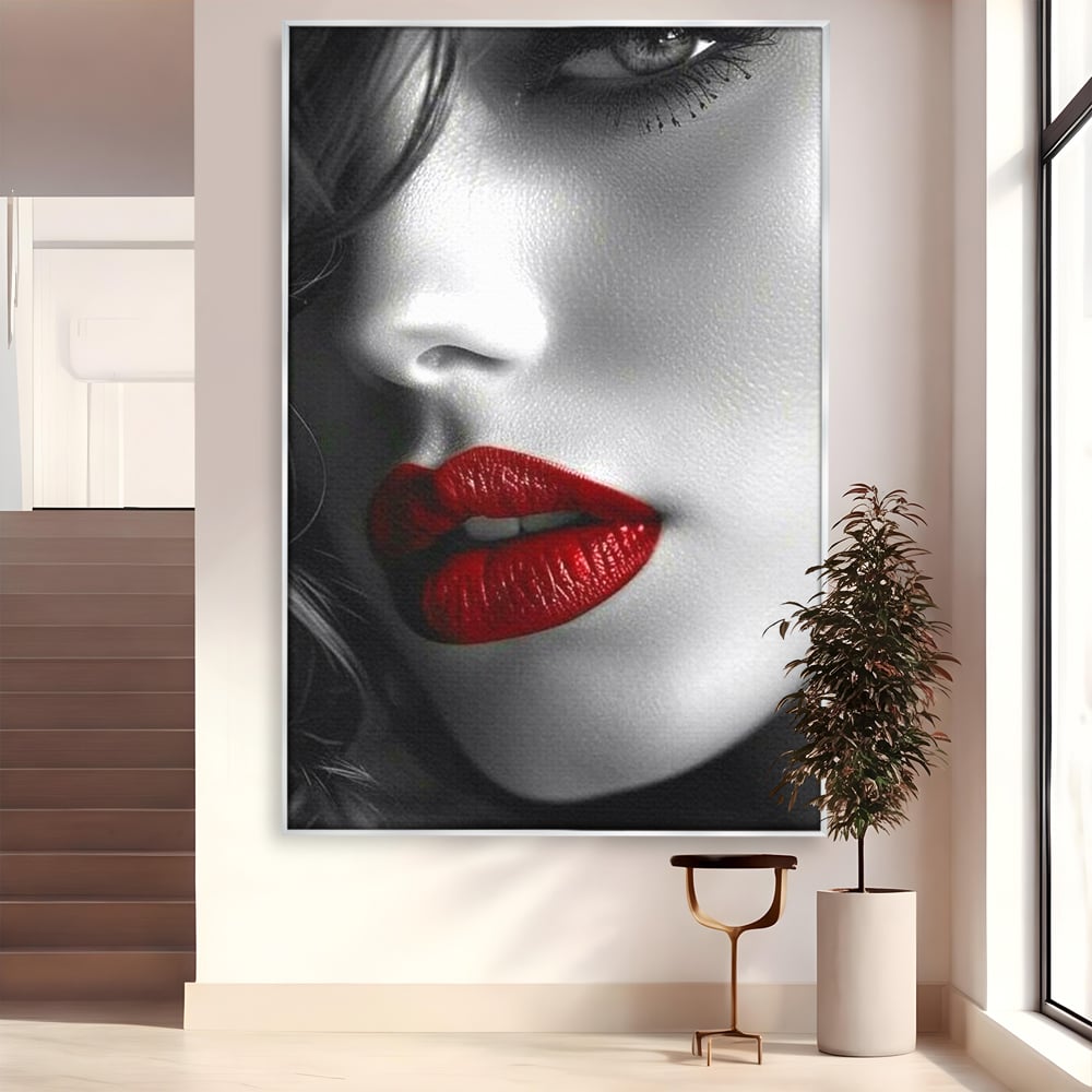 Tablou Canvas Premium, LuxCanva® P1020, Farmec Interzis, Femeie, Ruj, Rosu, Senzual, Buze, Sexy, Privire, Frumusete, Alb, Negru, Dormitor, Living