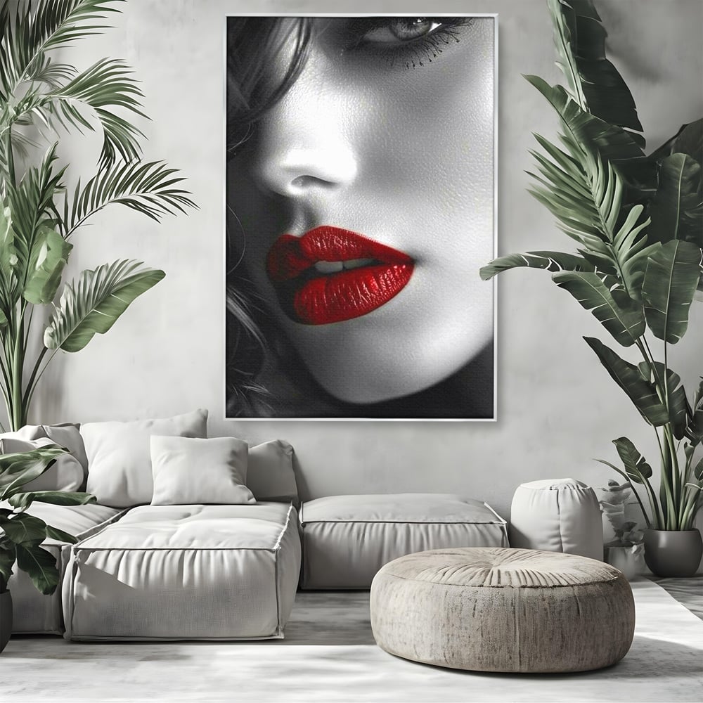 Tablou Canvas Premium, LuxCanva® P1020, Farmec Interzis, Femeie, Ruj, Rosu, Senzual, Buze, Sexy, Privire, Frumusete, Alb, Negru, Dormitor, Living