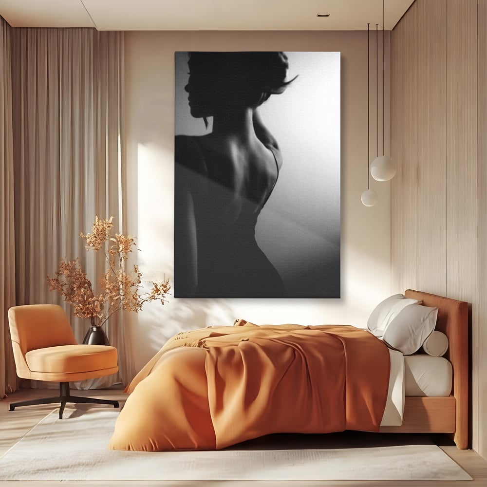 Tablou Canvas Premium, LuxCanva® P1021, Tentatie si Mister, Umbra, Silueta, Feminitate, Sexy, Seducator, Elegant, Monocrom, Dormitor, Living