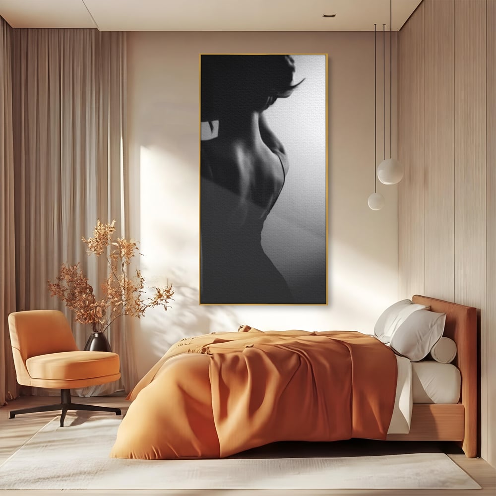 Tablou Canvas Premium, LuxCanva® P1021, Tentatie si Mister, Umbra, Silueta, Feminitate, Sexy, Seducator, Elegant, Monocrom, Dormitor, Living