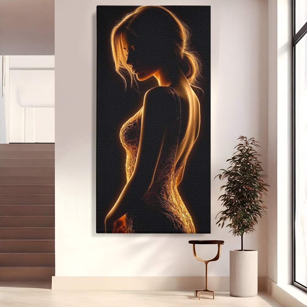 Tablou Canvas Premium, LuxCanva® P1023, Flacara Feminitatii, Silueta, Femeie, Frumusete, Rochie, Umbra, Mister, Foc, Caldura, Dormitor, Living