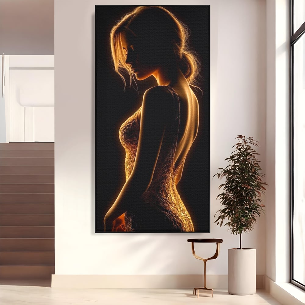 Tablou Canvas Premium, LuxCanva® P1023, Flacara Feminitatii, Silueta, Femeie, Frumusete, Rochie, Umbra, Mister, Foc, Caldura, Dormitor, Living