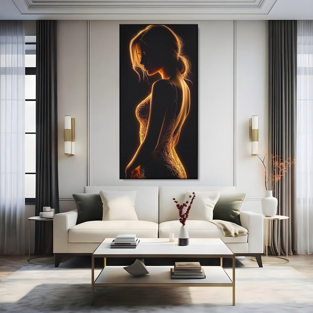 Tablou Canvas Premium, LuxCanva® P1023, Flacara Feminitatii, Silueta, Femeie, Frumusete, Rochie, Umbra, Mister, Foc, Caldura, Dormitor, Living