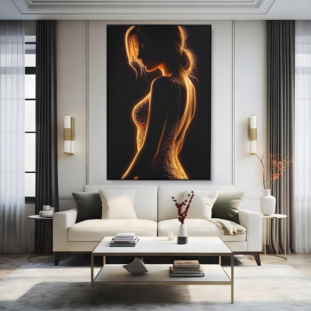 Tablou Canvas Premium, LuxCanva® P1023, Flacara Feminitatii, Silueta, Femeie, Frumusete, Rochie, Umbra, Mister, Foc, Caldura, Dormitor, Living