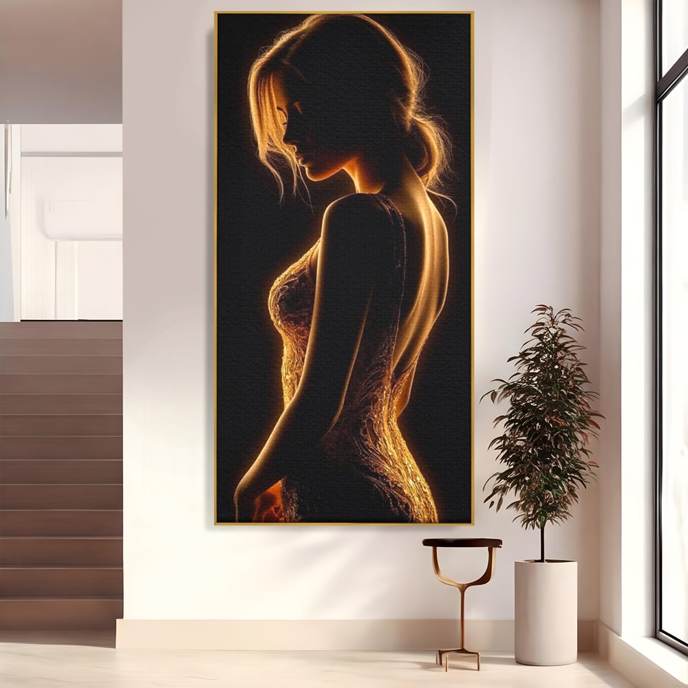 Tablou Canvas Premium, LuxCanva® P1023, Flacara Feminitatii, Silueta, Femeie, Frumusete, Rochie, Umbra, Mister, Foc, Caldura, Dormitor, Living