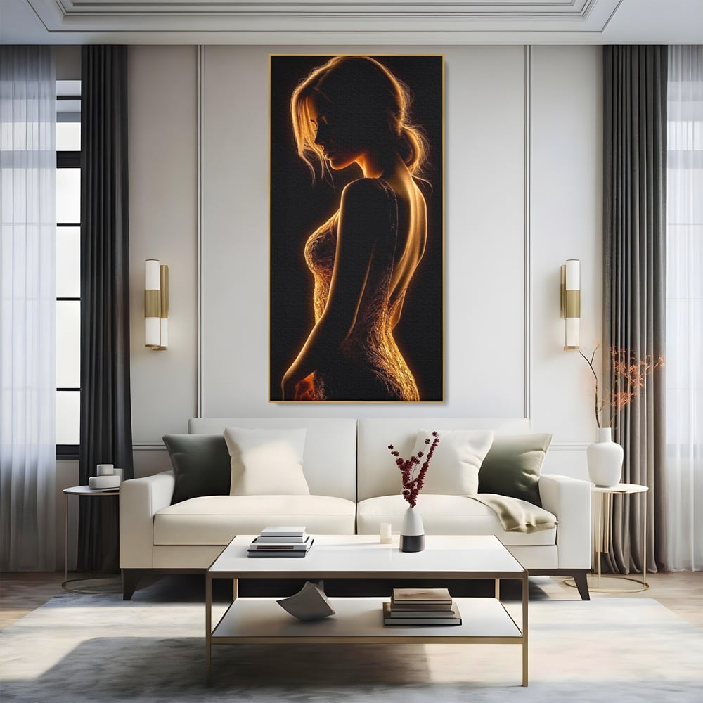 Tablou Canvas Premium, LuxCanva® P1023, Flacara Feminitatii, Silueta, Femeie, Frumusete, Rochie, Umbra, Mister, Foc, Caldura, Dormitor, Living