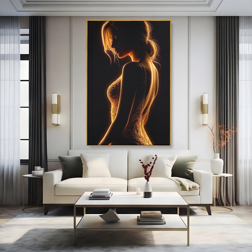 Tablou Canvas Premium, LuxCanva® P1023, Flacara Feminitatii, Silueta, Femeie, Frumusete, Rochie, Umbra, Mister, Foc, Caldura, Dormitor, Living