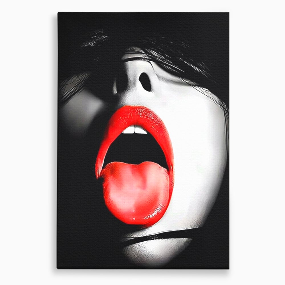 Leinwand Premium Canvas Wandbilder, LuxCanva® P1024, Geschmack der Begierde, Lippen, Lippenstift, Rot, Weiß, Schwarz, Provokativ, Leidenschaftlich, Versuchung, Kuss, Schlafzimmer, Wohnzimmer