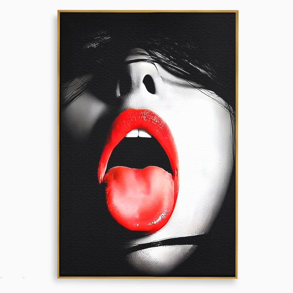 Leinwand Premium Canvas Wandbilder, LuxCanva® P1024, Geschmack der Begierde, Lippen, Lippenstift, Rot, Weiß, Schwarz, Provokativ, Leidenschaftlich, Versuchung, Kuss, Schlafzimmer, Wohnzimmer