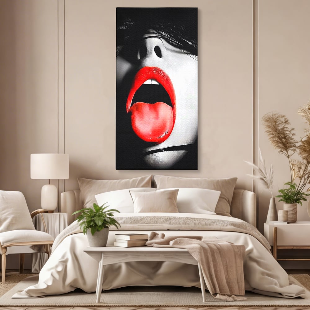 Leinwand Premium Canvas Wandbilder, LuxCanva® P1024, Geschmack der Begierde, Lippen, Lippenstift, Rot, Weiß, Schwarz, Provokativ, Leidenschaftlich, Versuchung, Kuss, Schlafzimmer, Wohnzimmer