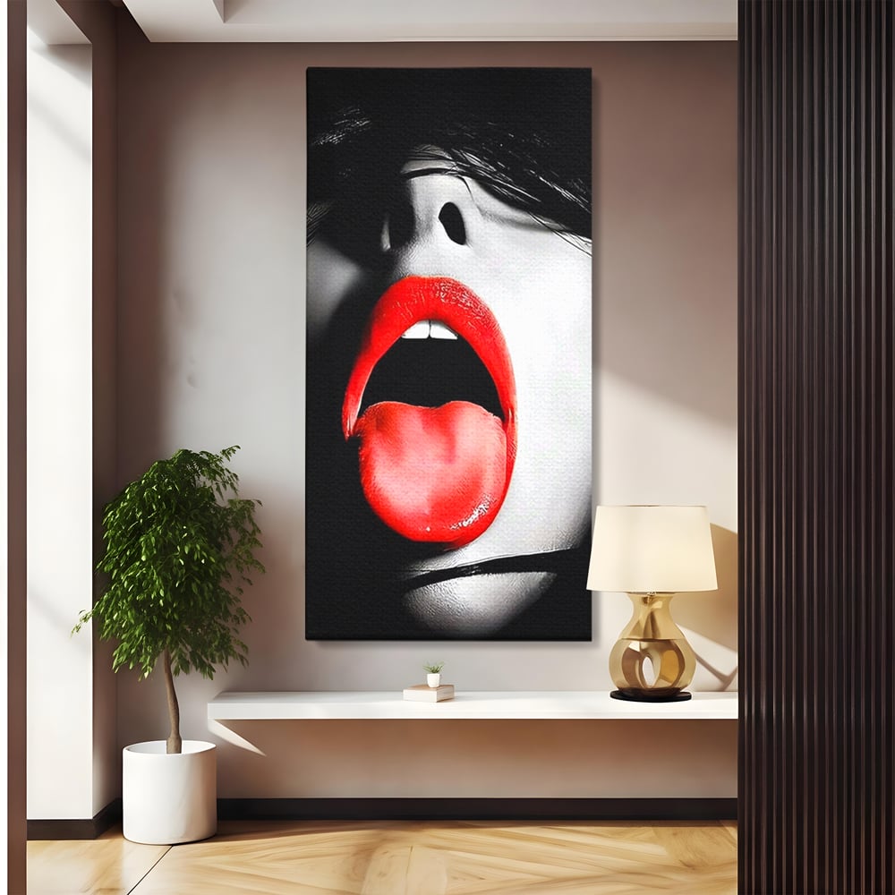 Leinwand Premium Canvas Wandbilder, LuxCanva® P1024, Geschmack der Begierde, Lippen, Lippenstift, Rot, Weiß, Schwarz, Provokativ, Leidenschaftlich, Versuchung, Kuss, Schlafzimmer, Wohnzimmer