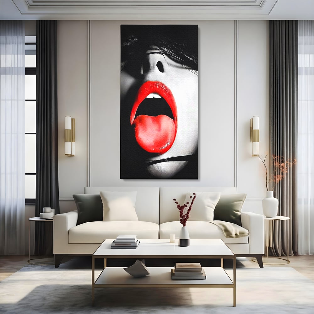 Leinwand Premium Canvas Wandbilder, LuxCanva® P1024, Geschmack der Begierde, Lippen, Lippenstift, Rot, Weiß, Schwarz, Provokativ, Leidenschaftlich, Versuchung, Kuss, Schlafzimmer, Wohnzimmer
