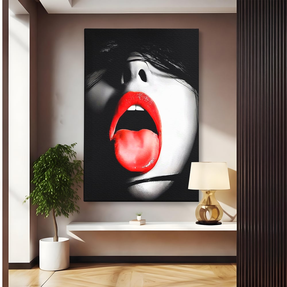 Leinwand Premium Canvas Wandbilder, LuxCanva® P1024, Geschmack der Begierde, Lippen, Lippenstift, Rot, Weiß, Schwarz, Provokativ, Leidenschaftlich, Versuchung, Kuss, Schlafzimmer, Wohnzimmer