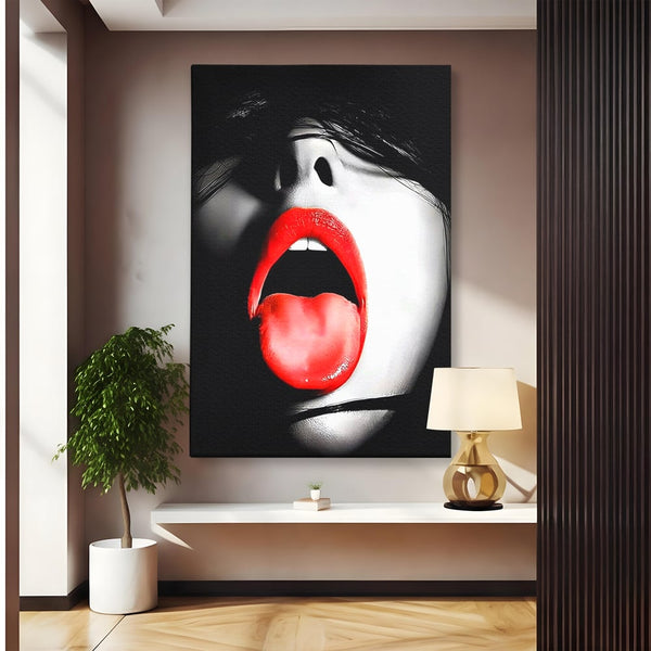 Leinwand Premium Canvas Wandbilder, LuxCanva® P1024, Geschmack der Begierde, Lippen, Lippenstift, Rot, Weiß, Schwarz, Provokativ, Leidenschaftlich, Versuchung, Kuss, Schlafzimmer, Wohnzimmer