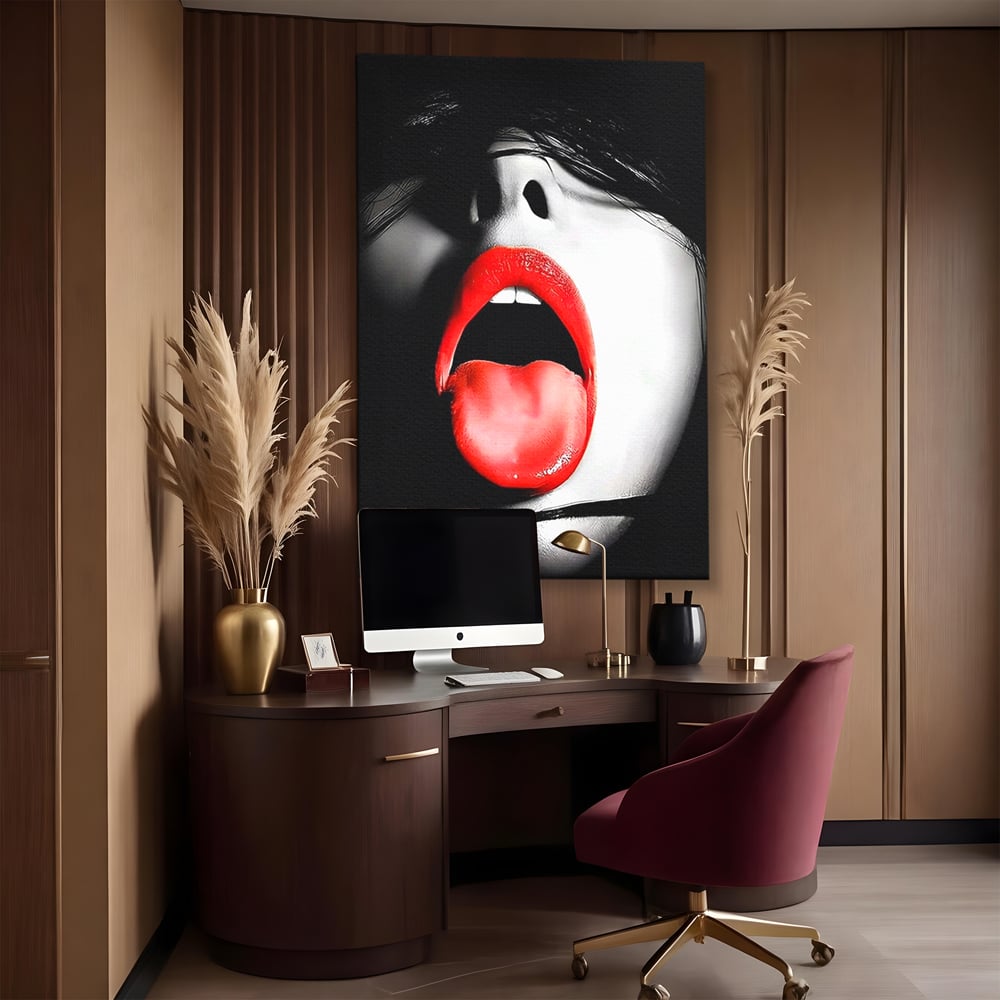 Leinwand Premium Canvas Wandbilder, LuxCanva® P1024, Geschmack der Begierde, Lippen, Lippenstift, Rot, Weiß, Schwarz, Provokativ, Leidenschaftlich, Versuchung, Kuss, Schlafzimmer, Wohnzimmer