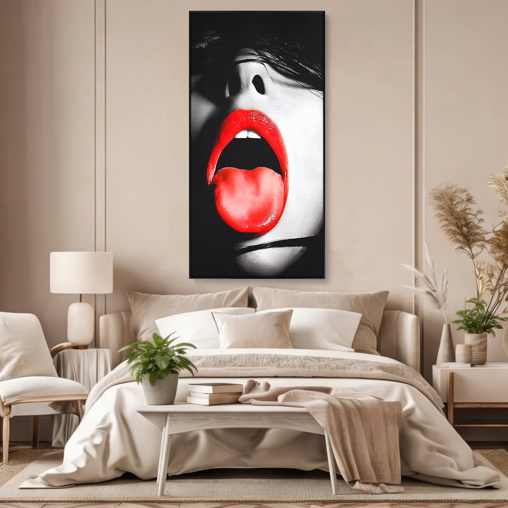 Leinwand Premium Canvas Wandbilder, LuxCanva® P1024, Geschmack der Begierde, Lippen, Lippenstift, Rot, Weiß, Schwarz, Provokativ, Leidenschaftlich, Versuchung, Kuss, Schlafzimmer, Wohnzimmer