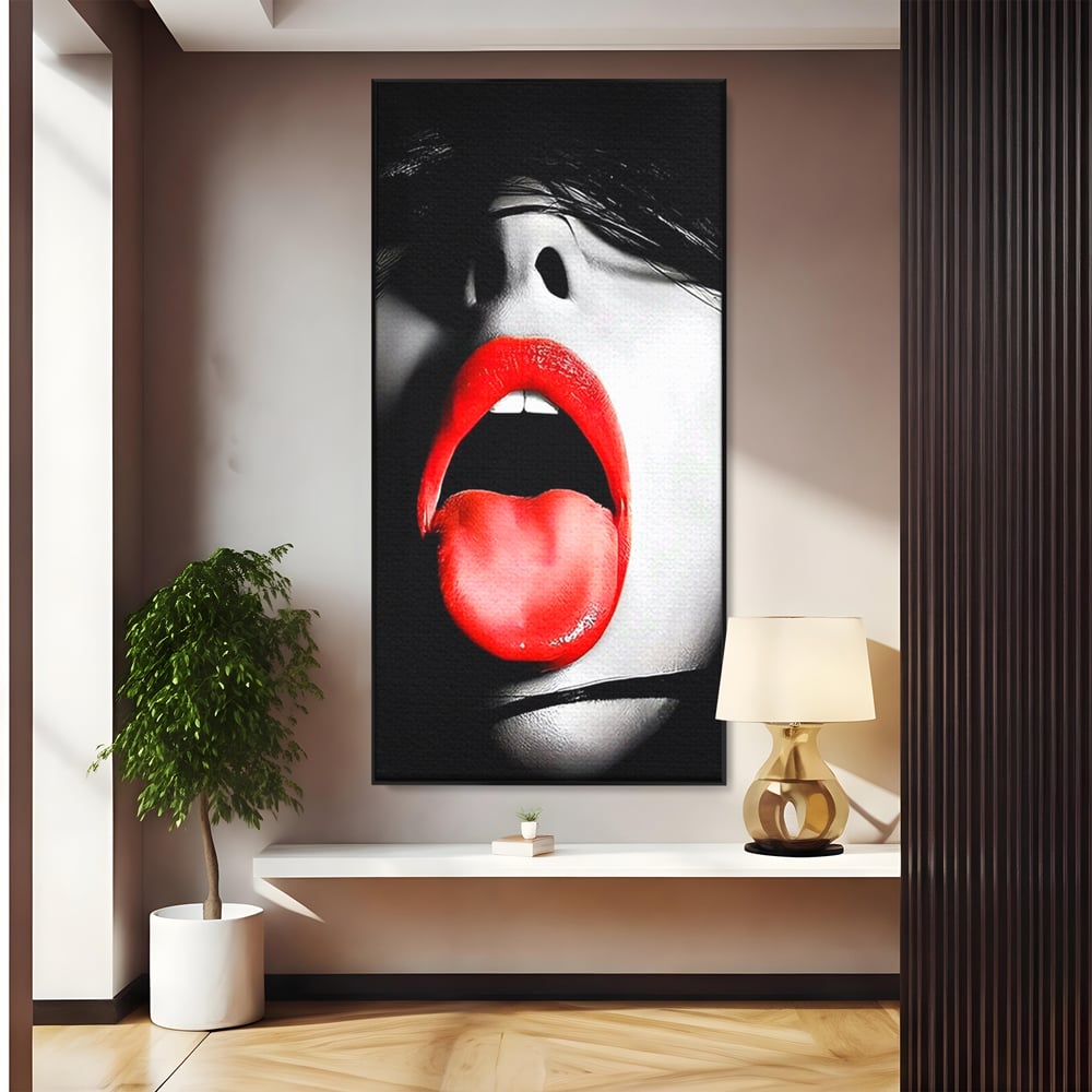 Leinwand Premium Canvas Wandbilder, LuxCanva® P1024, Geschmack der Begierde, Lippen, Lippenstift, Rot, Weiß, Schwarz, Provokativ, Leidenschaftlich, Versuchung, Kuss, Schlafzimmer, Wohnzimmer
