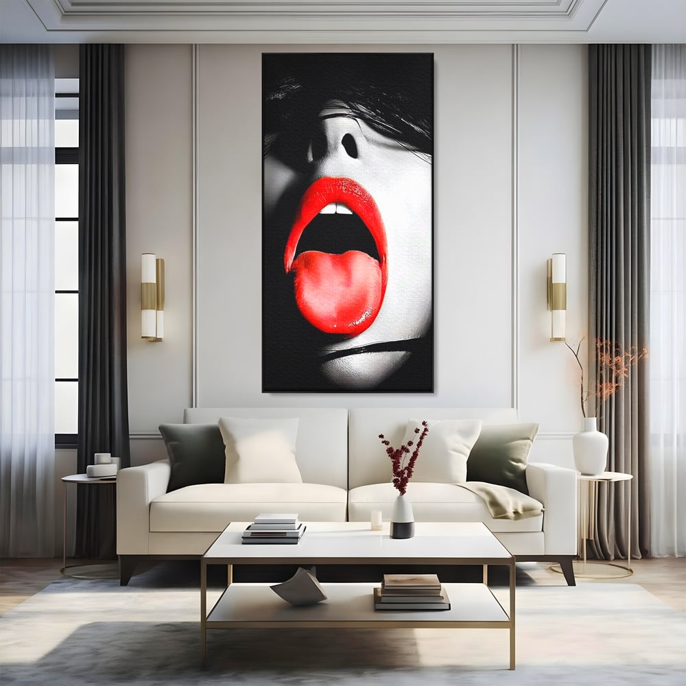 Leinwand Premium Canvas Wandbilder, LuxCanva® P1024, Geschmack der Begierde, Lippen, Lippenstift, Rot, Weiß, Schwarz, Provokativ, Leidenschaftlich, Versuchung, Kuss, Schlafzimmer, Wohnzimmer