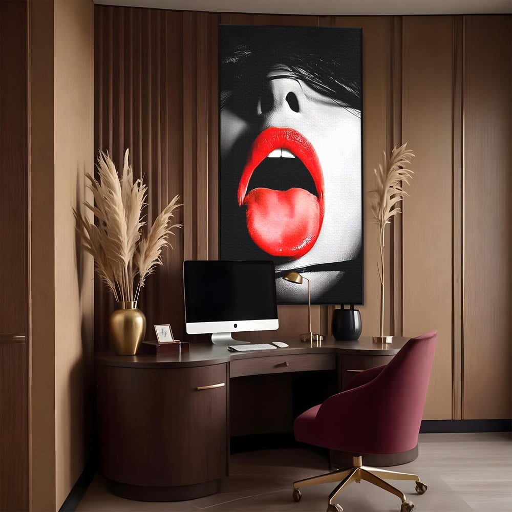 Leinwand Premium Canvas Wandbilder, LuxCanva® P1024, Geschmack der Begierde, Lippen, Lippenstift, Rot, Weiß, Schwarz, Provokativ, Leidenschaftlich, Versuchung, Kuss, Schlafzimmer, Wohnzimmer