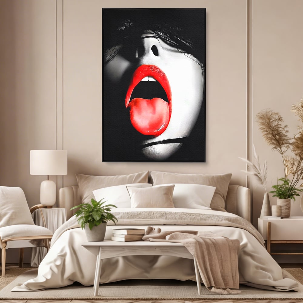 Leinwand Premium Canvas Wandbilder, LuxCanva® P1024, Geschmack der Begierde, Lippen, Lippenstift, Rot, Weiß, Schwarz, Provokativ, Leidenschaftlich, Versuchung, Kuss, Schlafzimmer, Wohnzimmer