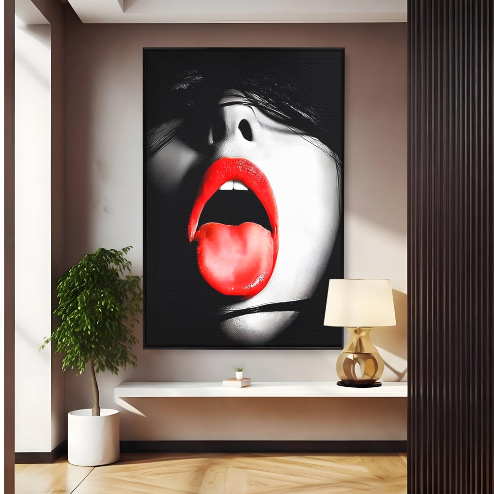 Leinwand Premium Canvas Wandbilder, LuxCanva® P1024, Geschmack der Begierde, Lippen, Lippenstift, Rot, Weiß, Schwarz, Provokativ, Leidenschaftlich, Versuchung, Kuss, Schlafzimmer, Wohnzimmer