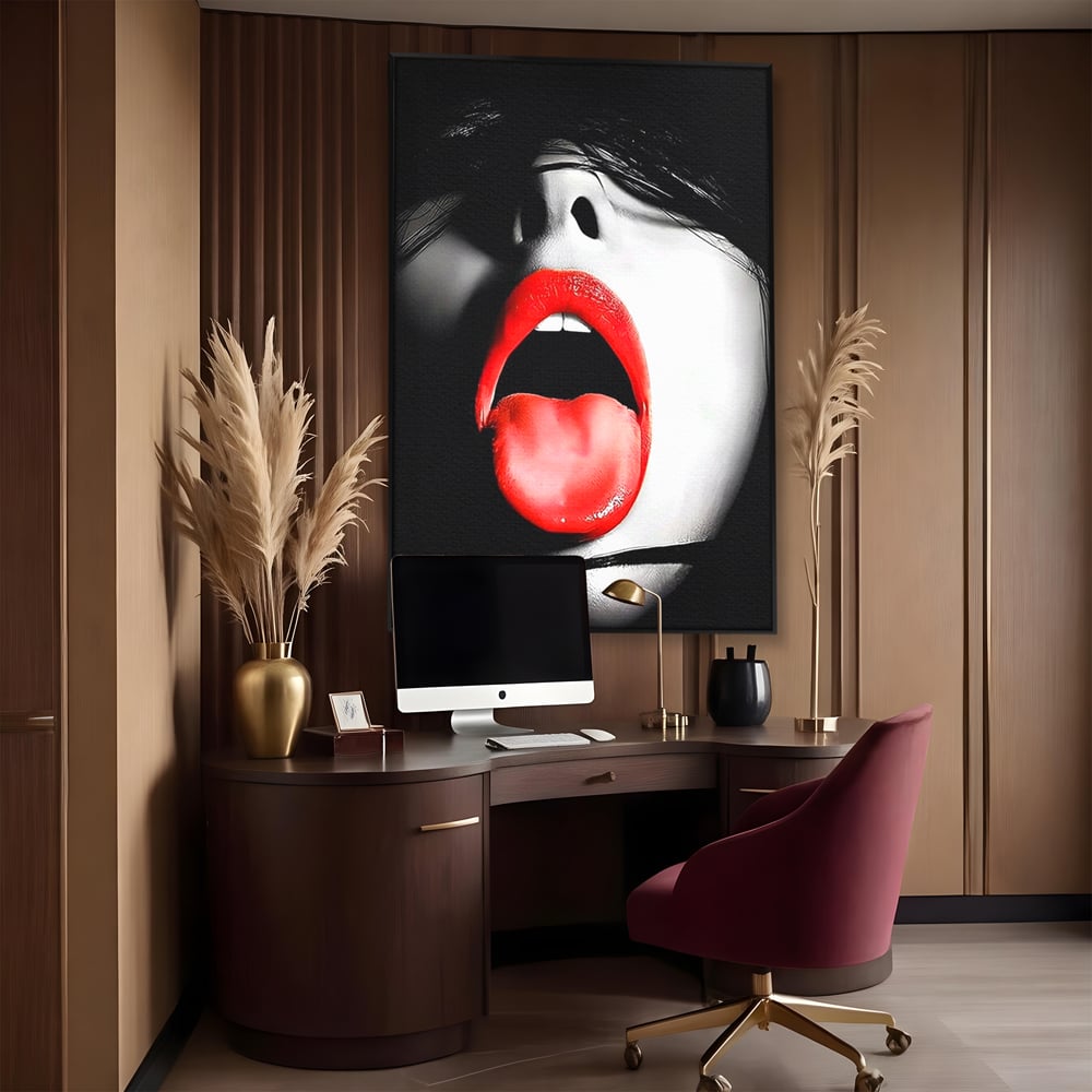 Leinwand Premium Canvas Wandbilder, LuxCanva® P1024, Geschmack der Begierde, Lippen, Lippenstift, Rot, Weiß, Schwarz, Provokativ, Leidenschaftlich, Versuchung, Kuss, Schlafzimmer, Wohnzimmer