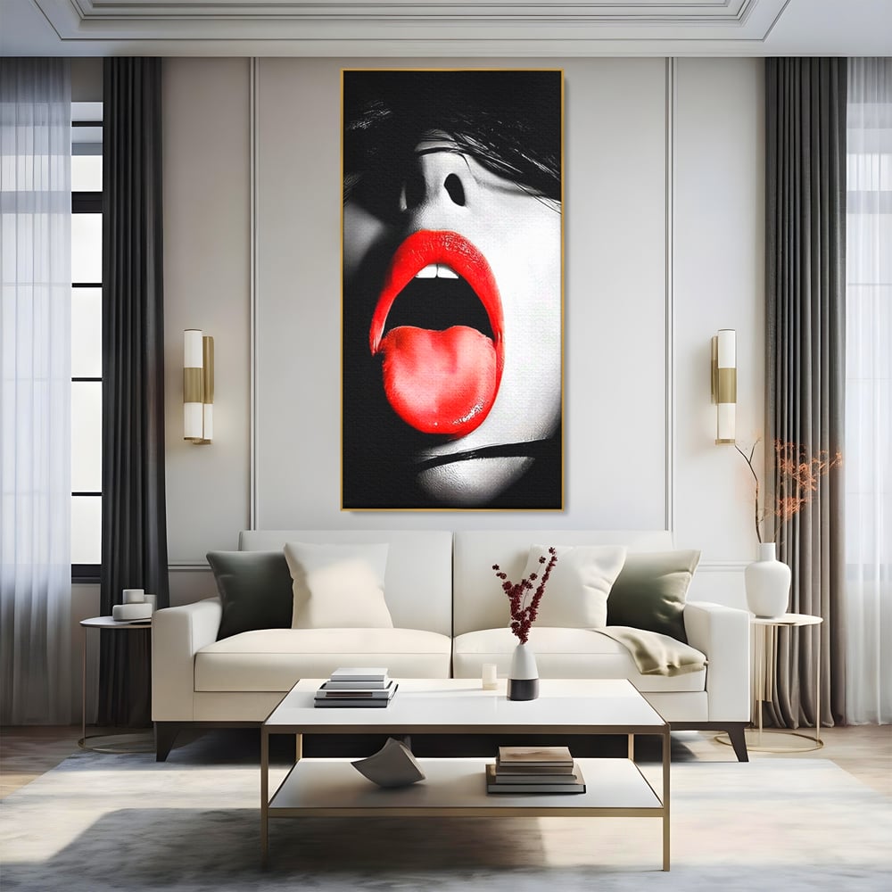 Leinwand Premium Canvas Wandbilder, LuxCanva® P1024, Geschmack der Begierde, Lippen, Lippenstift, Rot, Weiß, Schwarz, Provokativ, Leidenschaftlich, Versuchung, Kuss, Schlafzimmer, Wohnzimmer