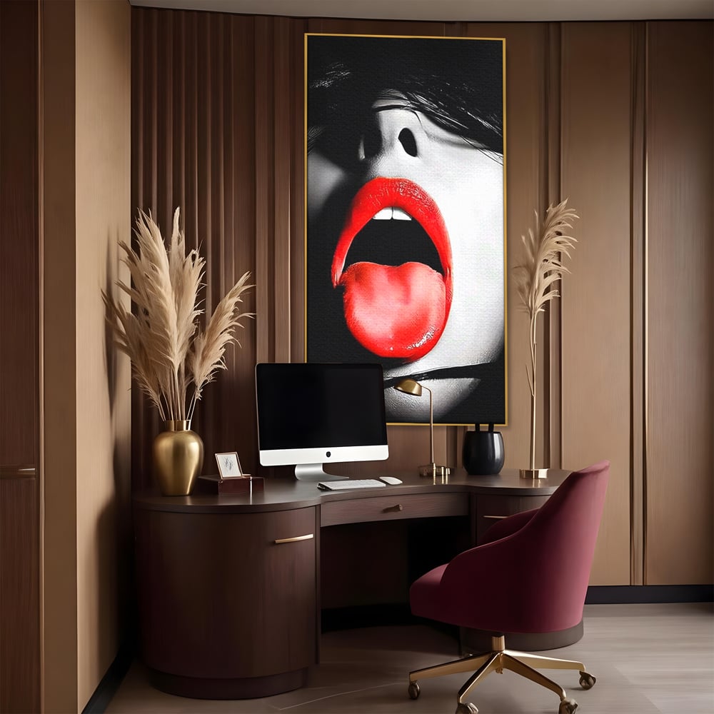 Leinwand Premium Canvas Wandbilder, LuxCanva® P1024, Geschmack der Begierde, Lippen, Lippenstift, Rot, Weiß, Schwarz, Provokativ, Leidenschaftlich, Versuchung, Kuss, Schlafzimmer, Wohnzimmer