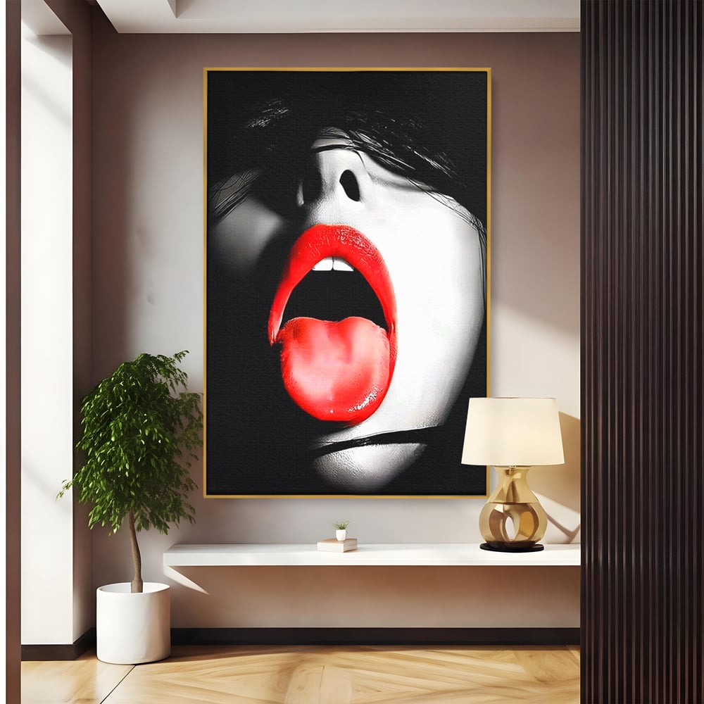 Leinwand Premium Canvas Wandbilder, LuxCanva® P1024, Geschmack der Begierde, Lippen, Lippenstift, Rot, Weiß, Schwarz, Provokativ, Leidenschaftlich, Versuchung, Kuss, Schlafzimmer, Wohnzimmer