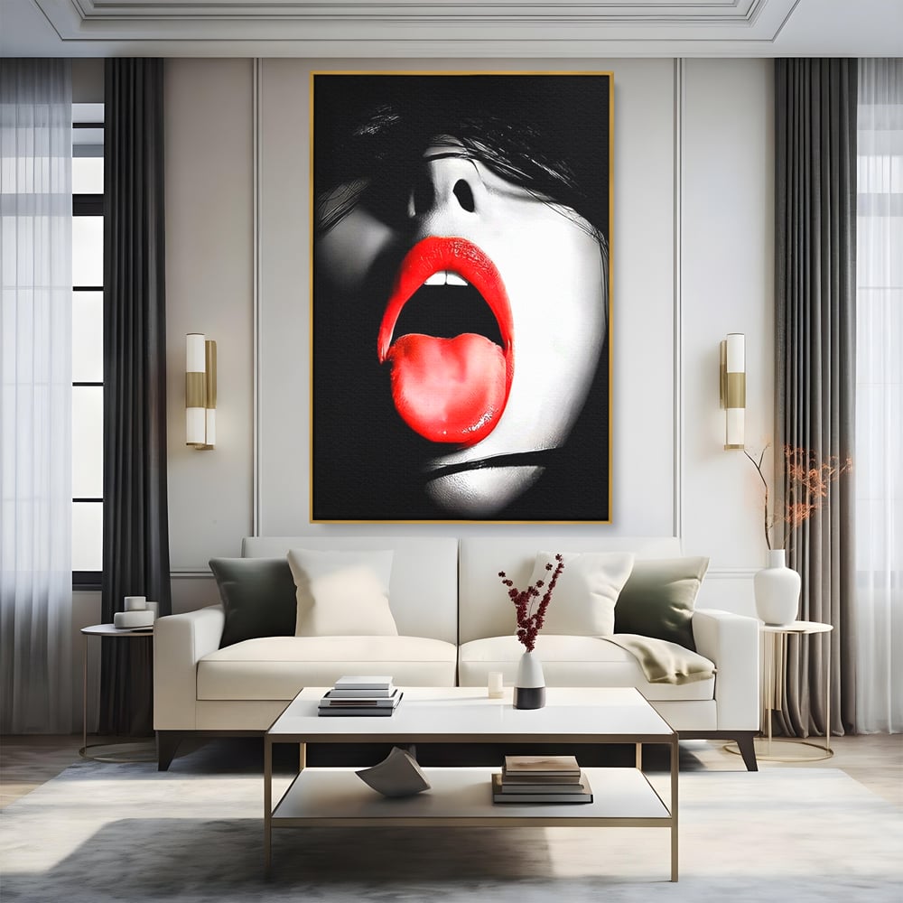 Leinwand Premium Canvas Wandbilder, LuxCanva® P1024, Geschmack der Begierde, Lippen, Lippenstift, Rot, Weiß, Schwarz, Provokativ, Leidenschaftlich, Versuchung, Kuss, Schlafzimmer, Wohnzimmer