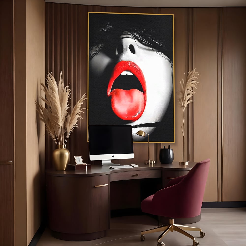 Leinwand Premium Canvas Wandbilder, LuxCanva® P1024, Geschmack der Begierde, Lippen, Lippenstift, Rot, Weiß, Schwarz, Provokativ, Leidenschaftlich, Versuchung, Kuss, Schlafzimmer, Wohnzimmer
